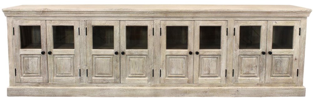 118" Antiqued White Distressed Solid Wood Sideboard with 8 Glass Doors HomeRoots