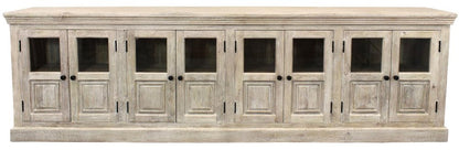 118" Antiqued White Distressed Solid Wood Sideboard with 8 Glass Doors HomeRoots