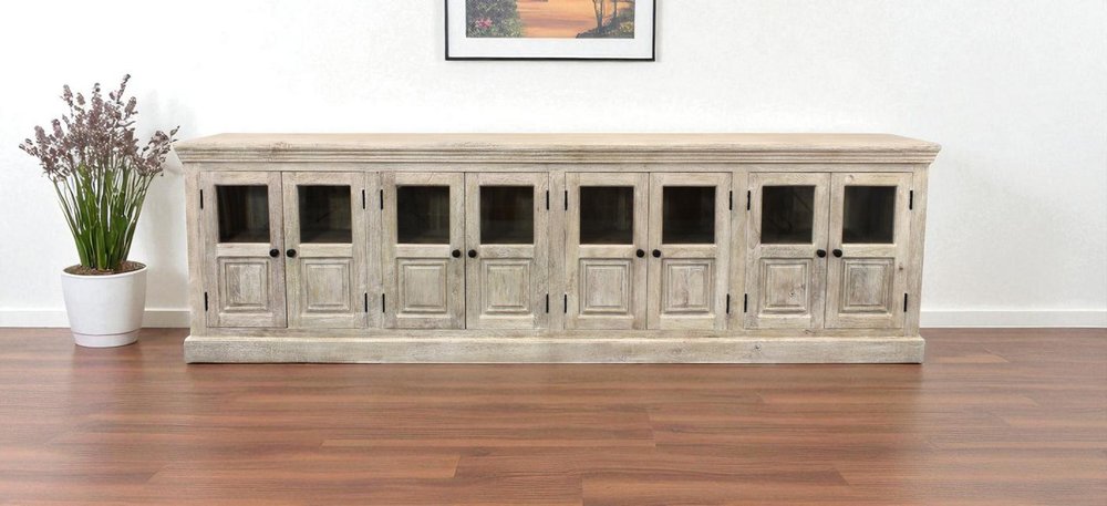 118" Antiqued White Distressed Solid Wood Sideboard with 8 Glass Doors HomeRoots