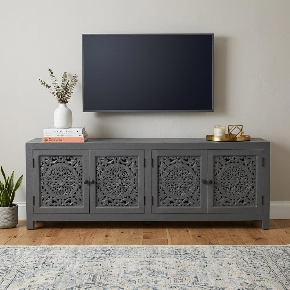 86" Dark Gray Carved Floral Distressed Solid Wood Enclosed Storage TV Stand HomeRoots