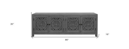 86" Dark Gray Carved Floral Distressed Solid Wood Enclosed Storage TV Stand HomeRoots
