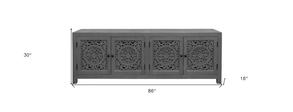 86" Dark Gray Carved Floral Distressed Solid Wood Enclosed Storage TV Stand HomeRoots