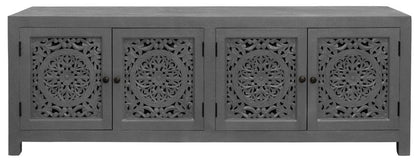 86" Dark Gray Carved Floral Distressed Solid Wood Enclosed Storage TV Stand HomeRoots