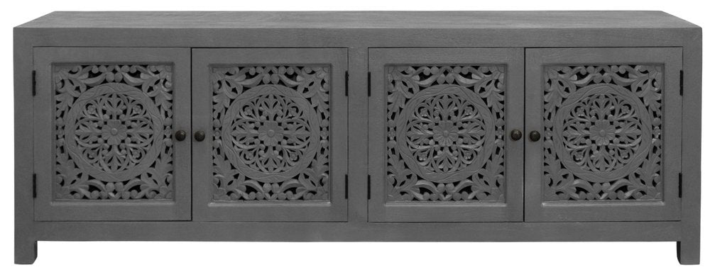 86" Dark Gray Carved Floral Distressed Solid Wood Enclosed Storage TV Stand HomeRoots