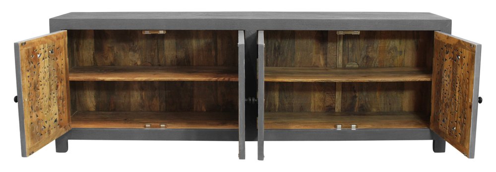 86" Dark Gray Carved Floral Distressed Solid Wood Enclosed Storage TV Stand HomeRoots