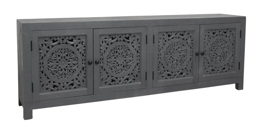 86" Dark Gray Carved Floral Distressed Solid Wood Enclosed Storage TV Stand HomeRoots