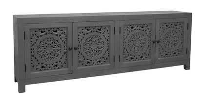 86" Dark Gray Carved Floral Distressed Solid Wood Enclosed Storage TV Stand HomeRoots