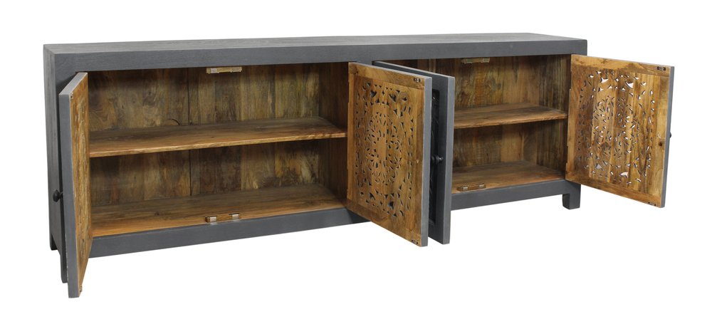 86" Dark Gray Carved Floral Distressed Solid Wood Enclosed Storage TV Stand HomeRoots