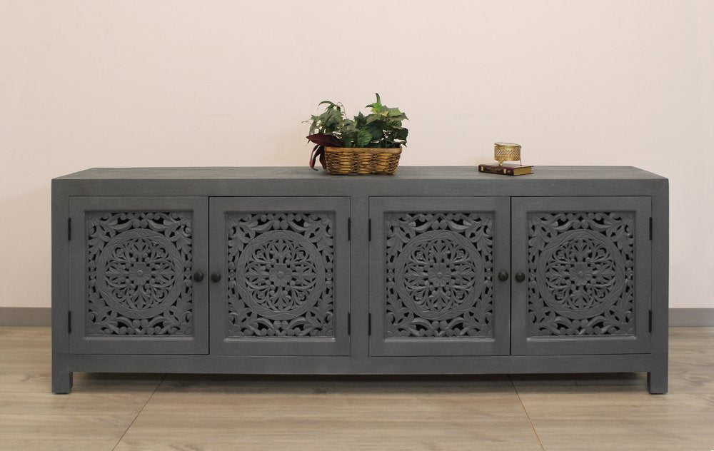 86" Dark Gray Carved Floral Distressed Solid Wood Enclosed Storage TV Stand HomeRoots
