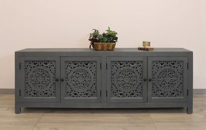 86" Dark Gray Carved Floral Distressed Solid Wood Enclosed Storage TV Stand HomeRoots