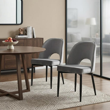 Set of Two Gray And Black Slipcovered Velvet And Wood Partially Open Back Dining Side Chairs