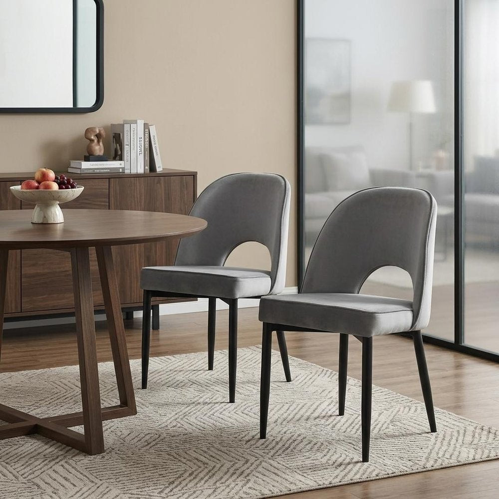 Set of Two Gray And Black Slipcovered Velvet And Wood Partially Open Back Dining Side Chairs HomeRoots
