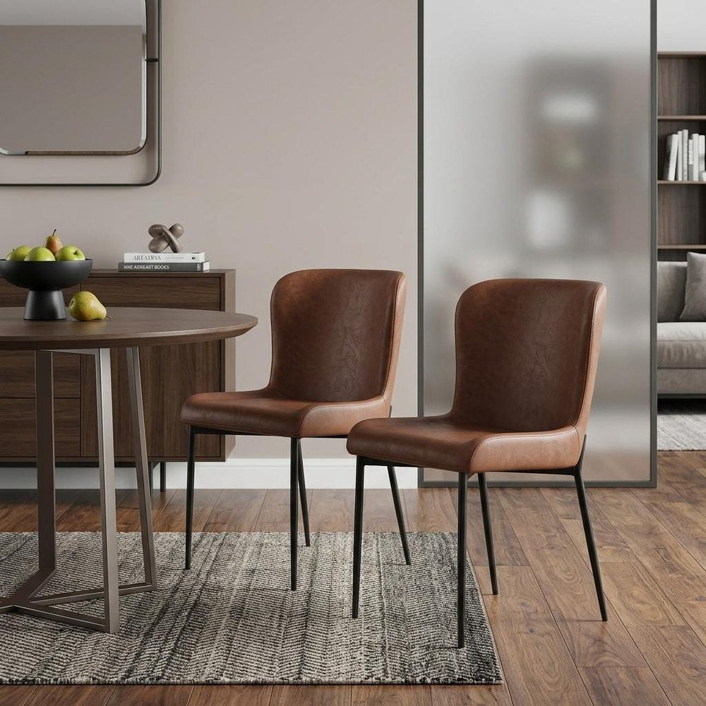 Set of Two Brown And Black Slipcovered Faux Leather And Wood Dining Side Chairs HomeRoots