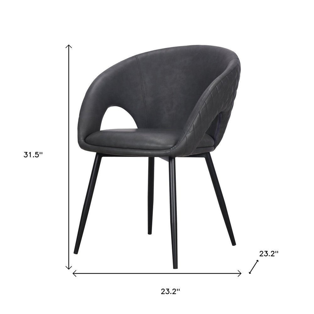 Set of Four Dark Gray And Black Tufted Faux Leather And Wood Partially Open Back Dining Arm Chairs HomeRoots