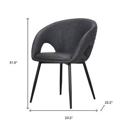 Set of Four Dark Gray And Black Tufted Faux Leather And Wood Partially Open Back Dining Arm Chairs HomeRoots