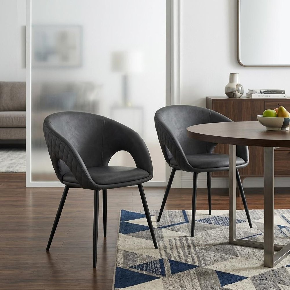 Set of Four Dark Gray And Black Tufted Faux Leather And Wood Partially Open Back Dining Arm Chairs — view 10