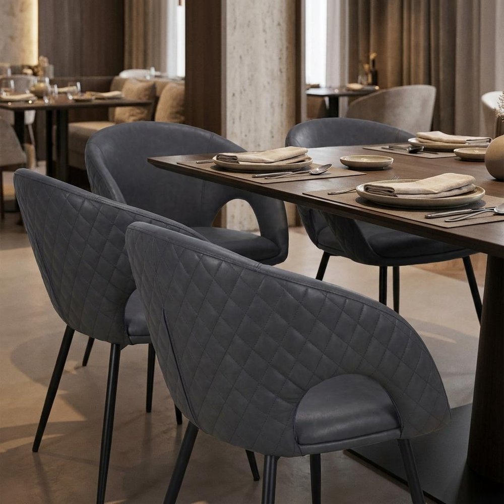 Set of Four Dark Gray And Black Tufted Faux Leather And Wood Partially Open Back Dining Arm Chairs — view 11
