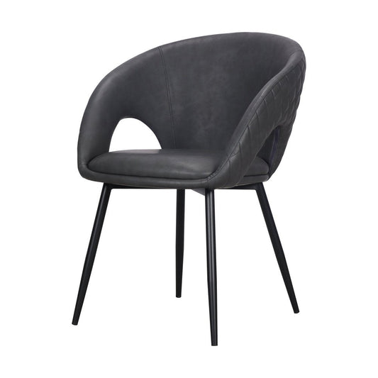 Set of Four Dark Gray And Black Tufted Faux Leather And Wood Partially Open Back Dining Arm Chairs