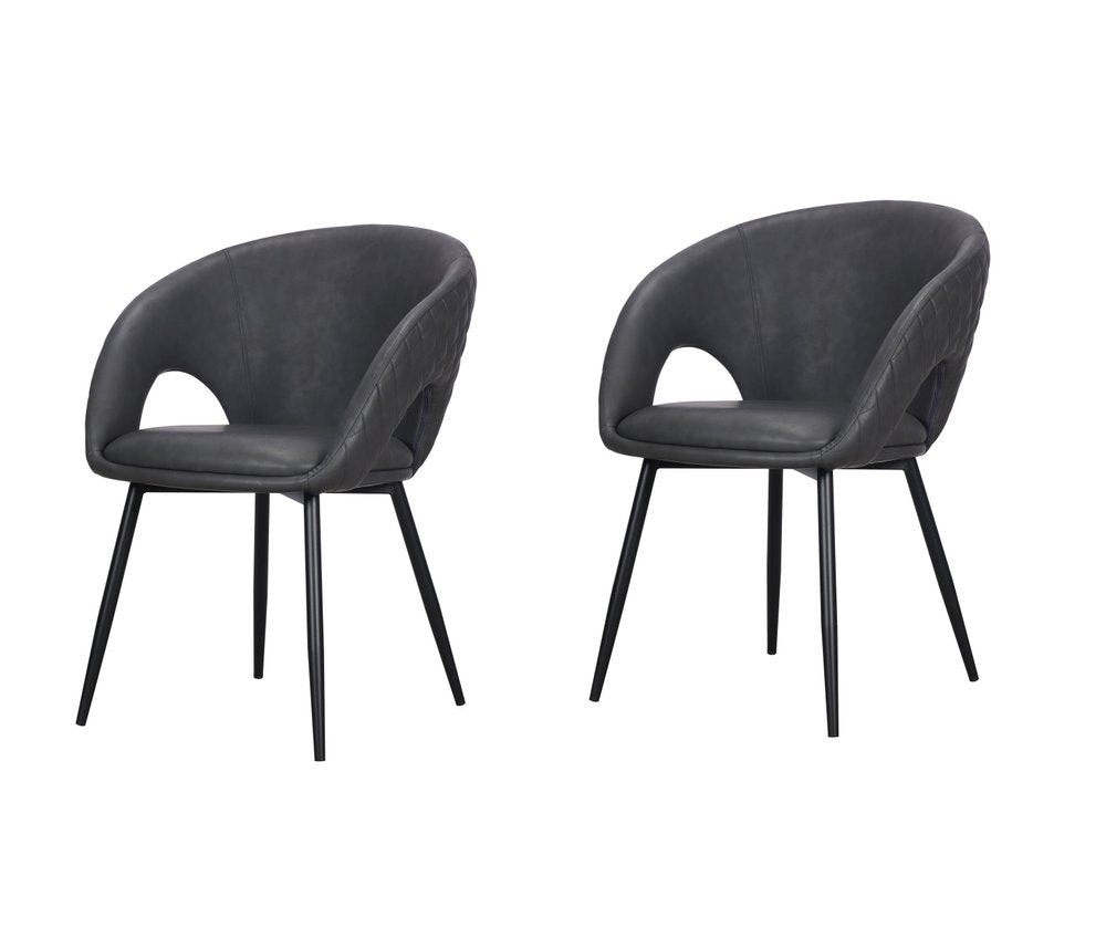 Set of Four Dark Gray And Black Tufted Faux Leather And Wood Partially Open Back Dining Arm Chairs — view 6