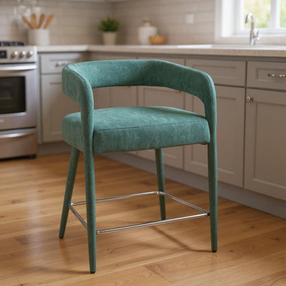 25" Teal Blue Fabric And Metal Low Back Counter Height Bar Chair HomeRoots