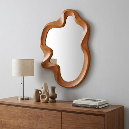 35" Brown Solid Wood Abstract Geometric Framed Accent Mirror HomeRoots