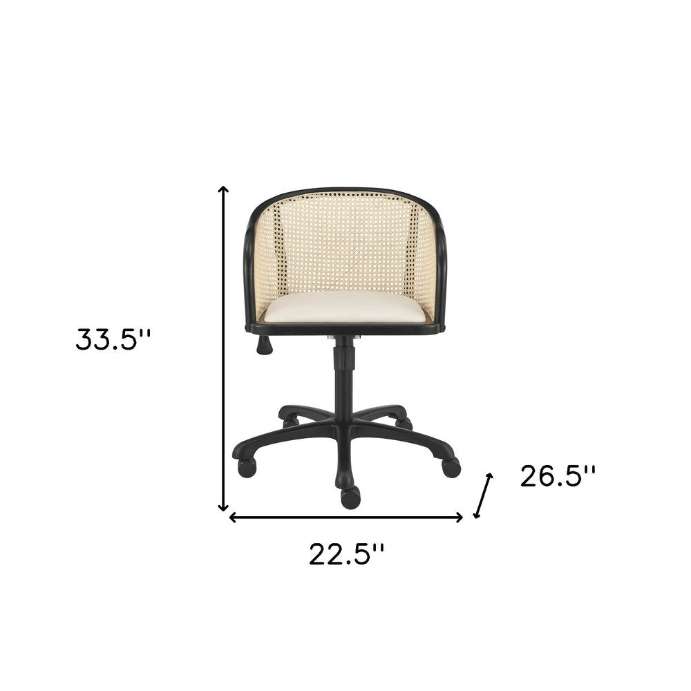 Beige and Black Solid Wood Steel And Cane Rattan Adjustable Swivel Rolling Office Chair HomeRoots