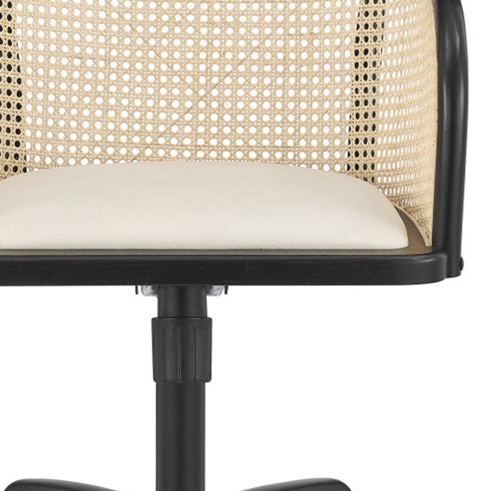 Beige and Black Solid Wood Steel And Cane Rattan Adjustable Swivel Rolling Office Chair HomeRoots
