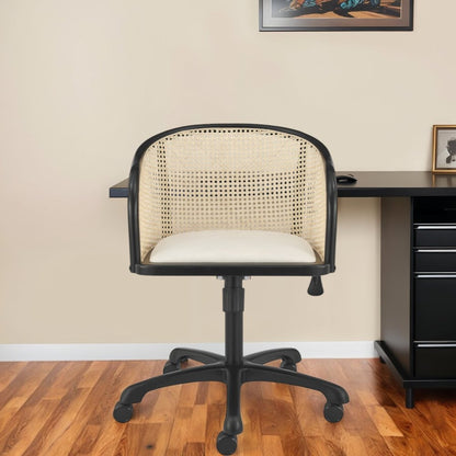 Beige and Black Solid Wood Steel And Cane Rattan Adjustable Swivel Rolling Office Chair HomeRoots