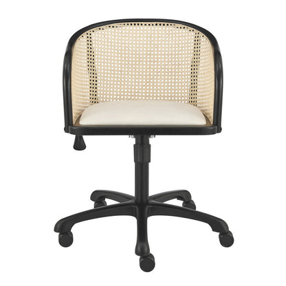 Beige and Black Solid Wood Steel And Cane Rattan Adjustable Swivel Rolling Office Chair HomeRoots