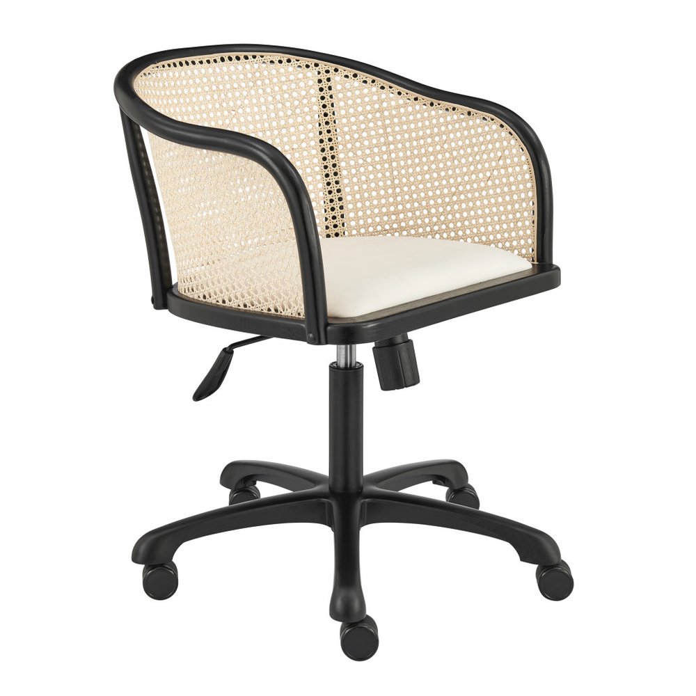 Beige and Black Solid Wood Steel And Cane Rattan Adjustable Swivel Rolling Office Chair HomeRoots