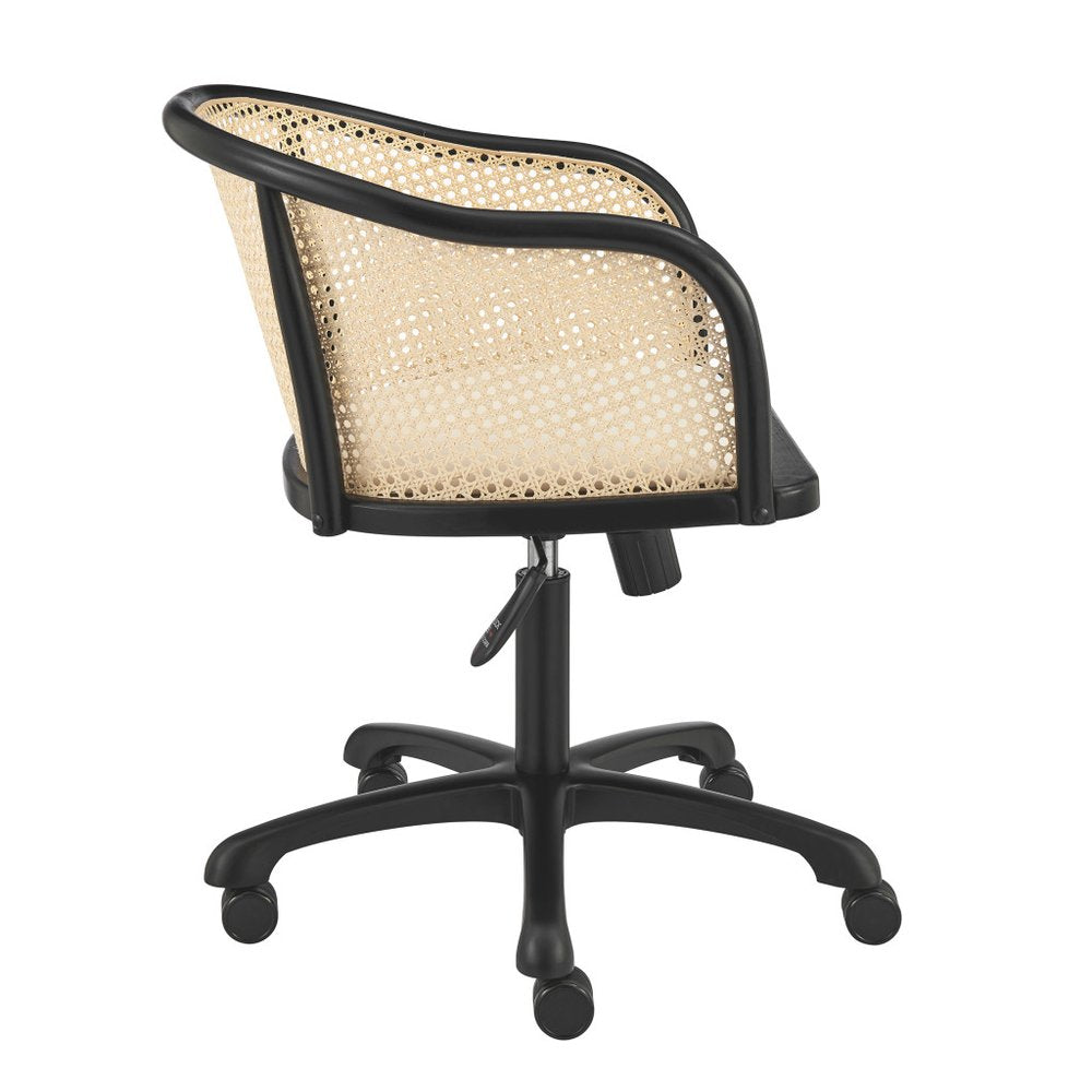 Beige and Black Solid Wood Steel And Cane Rattan Adjustable Swivel Rolling Office Chair HomeRoots