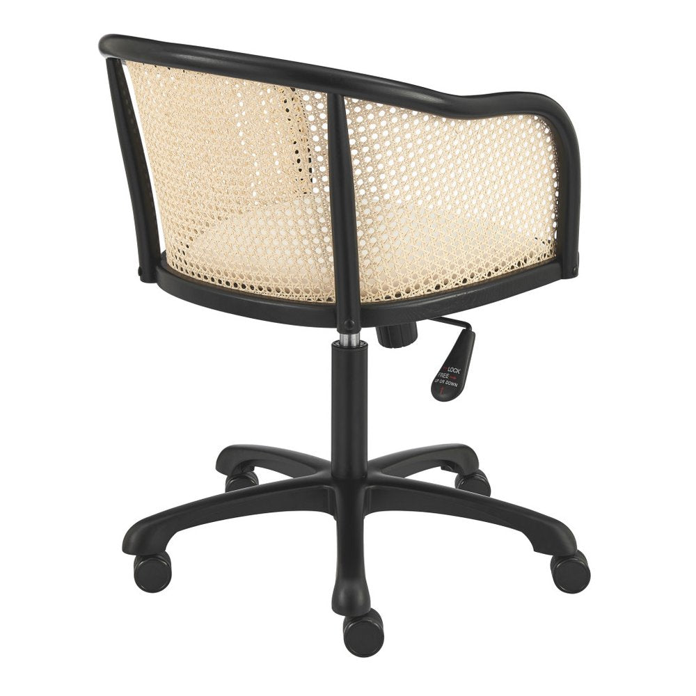 Beige and Black Solid Wood Steel And Cane Rattan Adjustable Swivel Rolling Office Chair HomeRoots