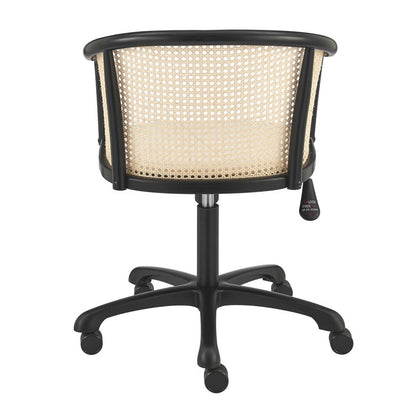 Beige and Black Solid Wood Steel And Cane Rattan Adjustable Swivel Rolling Office Chair HomeRoots