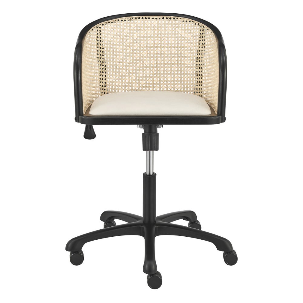 Beige and Black Solid Wood Steel And Cane Rattan Adjustable Swivel Rolling Office Chair HomeRoots