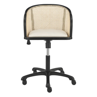 Beige and Black Solid Wood Steel And Cane Rattan Adjustable Swivel Rolling Office Chair HomeRoots