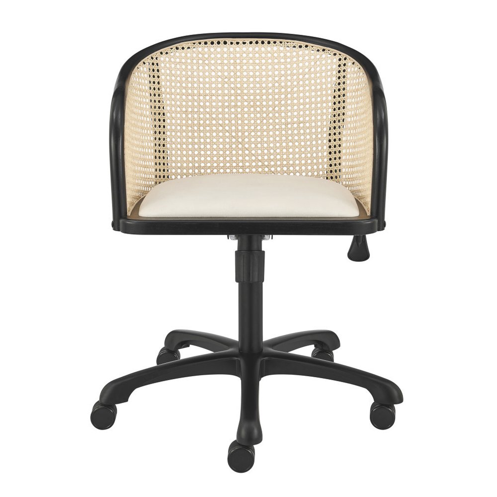 Beige and Black Solid Wood Steel And Cane Rattan Adjustable Swivel Rolling Office Chair HomeRoots