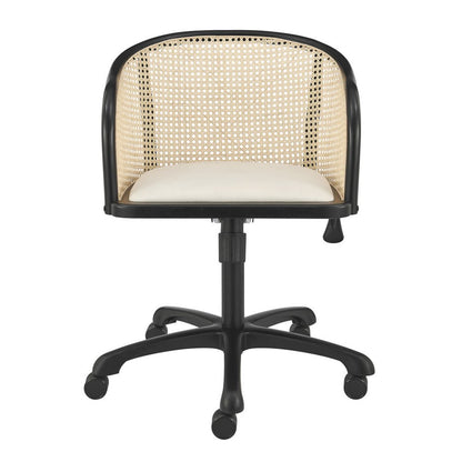 Beige and Black Solid Wood Steel And Cane Rattan Adjustable Swivel Rolling Office Chair HomeRoots