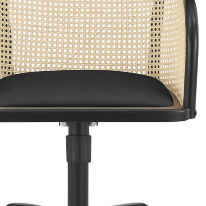 Beige and Black Solid Wood Steel And Cane Rattan Adjustable Swivel Rolling Office Chair HomeRoots