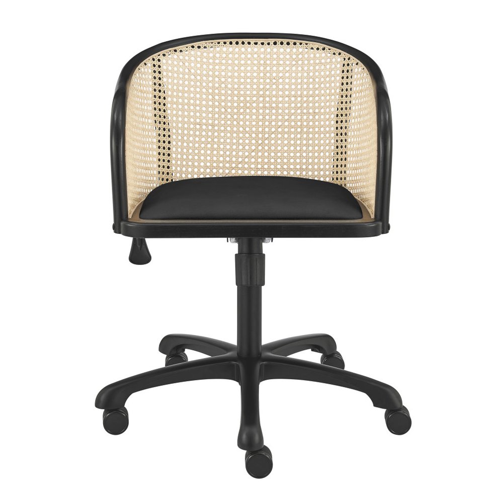 Beige and Black Solid Wood Steel And Cane Rattan Adjustable Swivel Rolling Office Chair HomeRoots