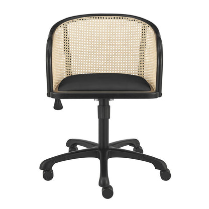 Beige and Black Solid Wood Steel And Cane Rattan Adjustable Swivel Rolling Office Chair HomeRoots