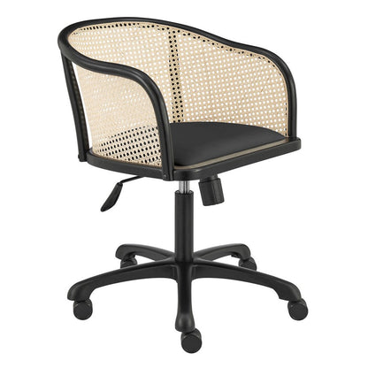 Beige and Black Solid Wood Steel And Cane Rattan Adjustable Swivel Rolling Office Chair HomeRoots