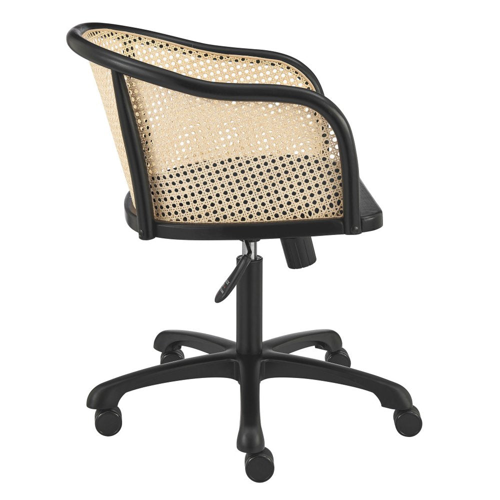 Beige and Black Solid Wood Steel And Cane Rattan Adjustable Swivel Rolling Office Chair HomeRoots