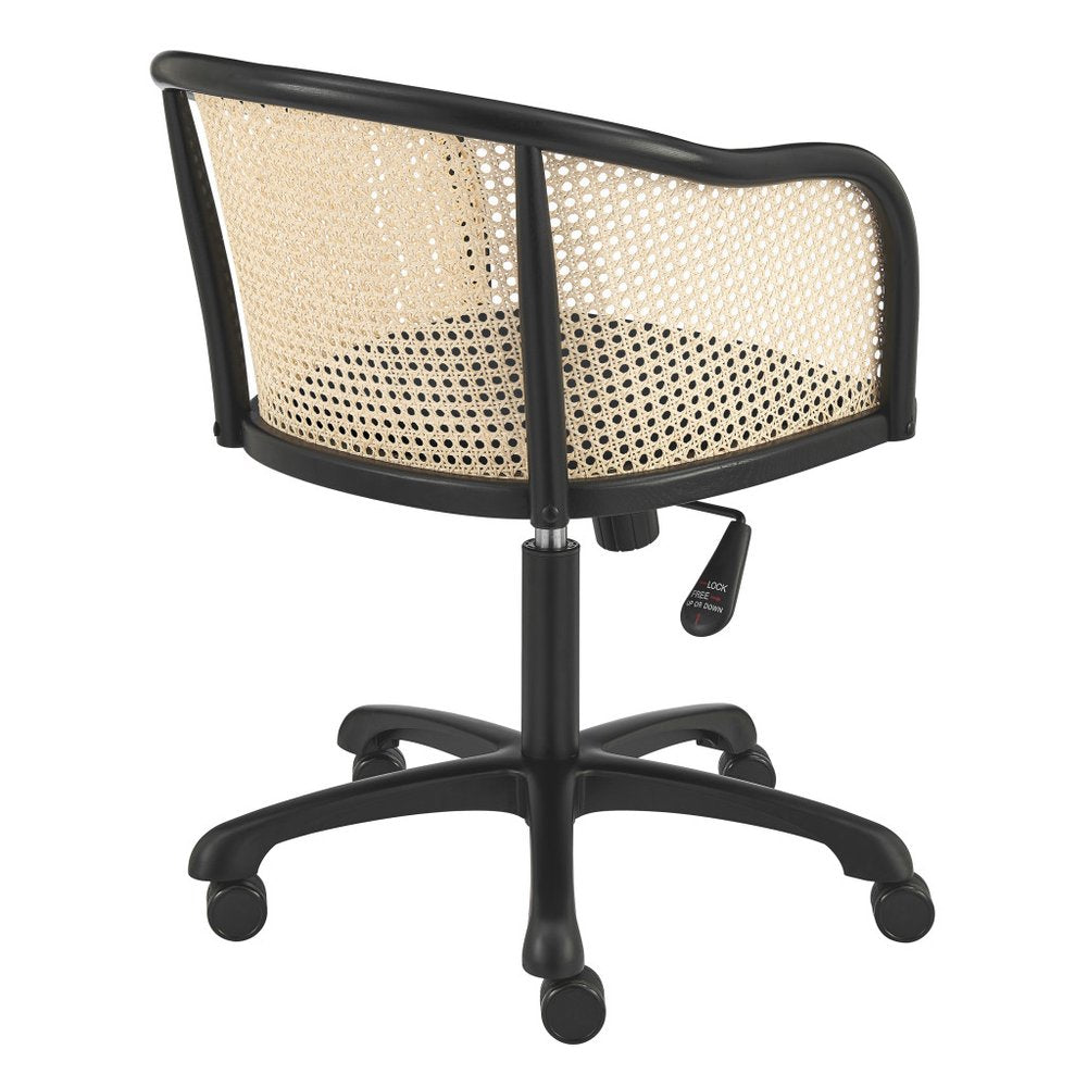 Beige and Black Solid Wood Steel And Cane Rattan Adjustable Swivel Rolling Office Chair HomeRoots