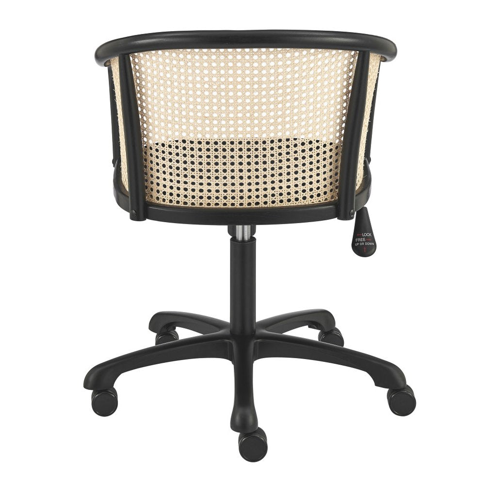 Beige and Black Solid Wood Steel And Cane Rattan Adjustable Swivel Rolling Office Chair HomeRoots