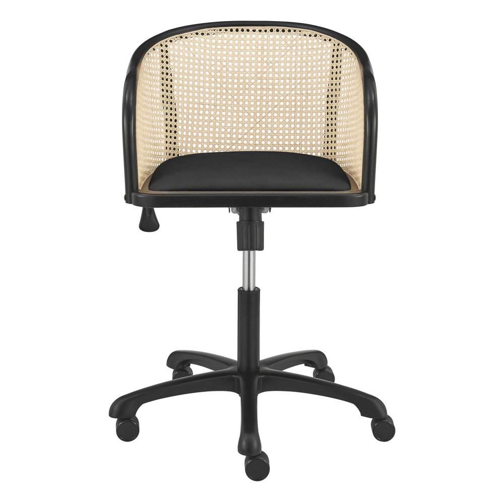 Beige and Black Solid Wood Steel And Cane Rattan Adjustable Swivel Rolling Office Chair HomeRoots