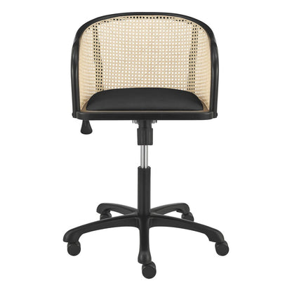 Beige and Black Solid Wood Steel And Cane Rattan Adjustable Swivel Rolling Office Chair HomeRoots