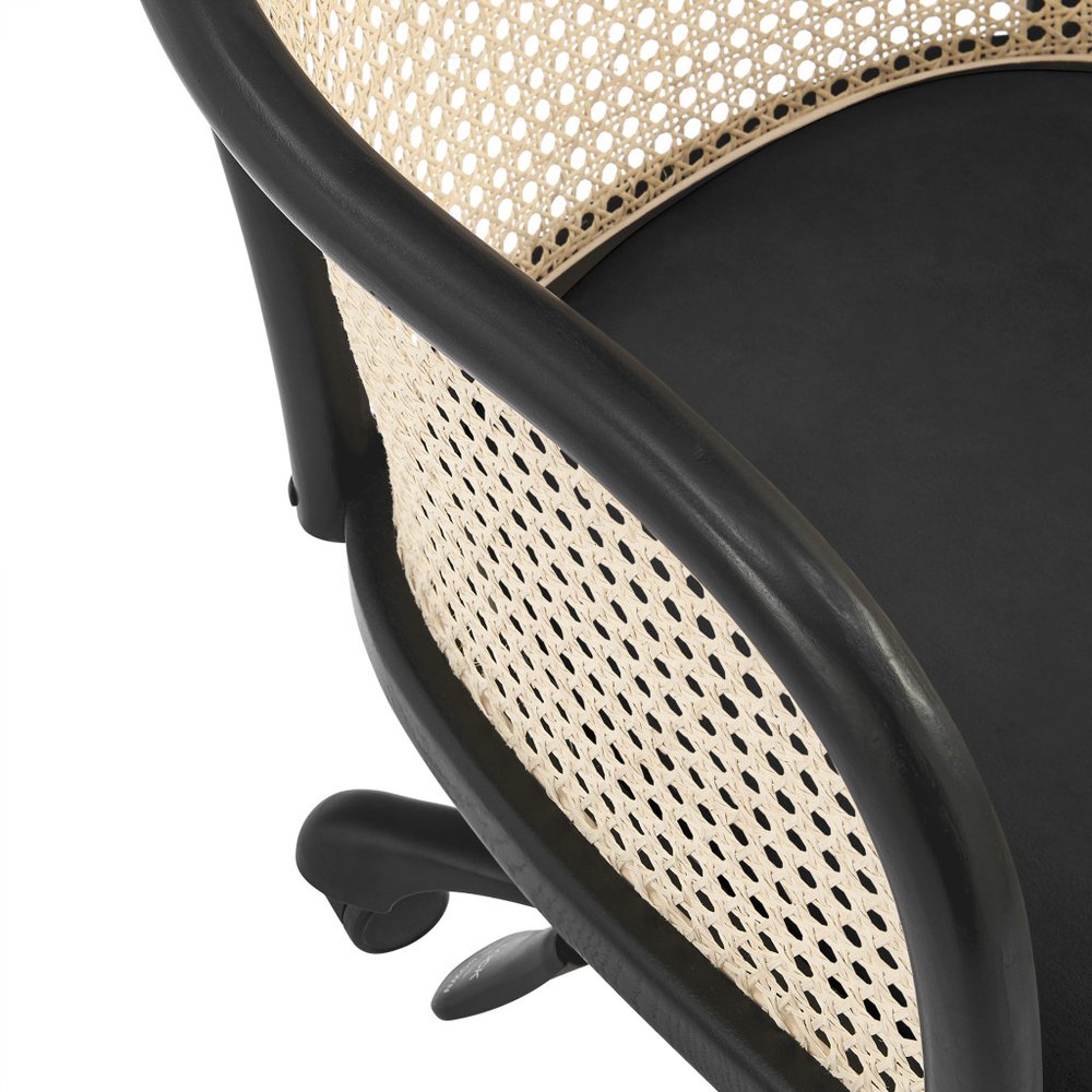 Beige and Black Solid Wood Steel And Cane Rattan Adjustable Swivel Rolling Office Chair HomeRoots