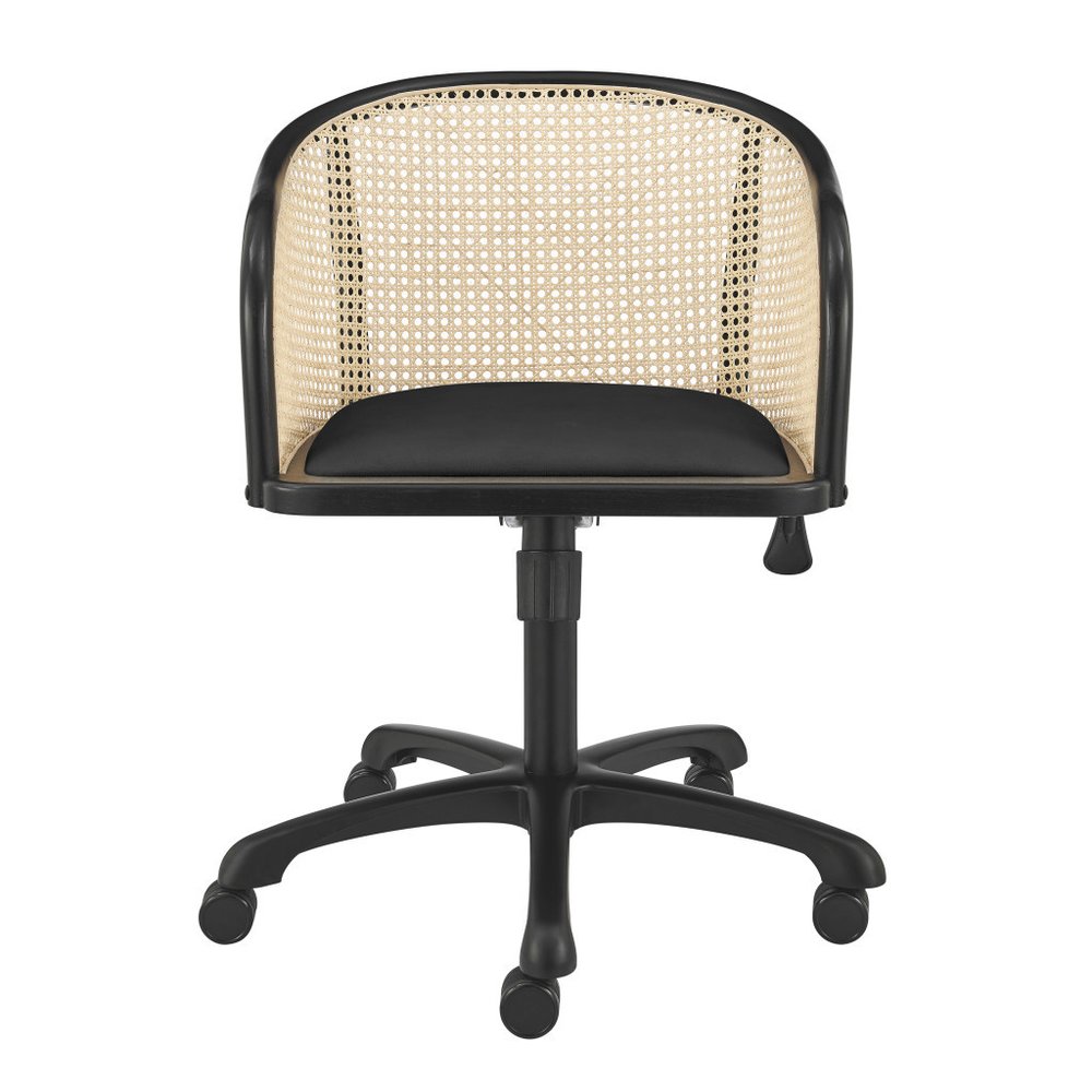 Beige and Black Solid Wood Steel And Cane Rattan Adjustable Swivel Rolling Office Chair HomeRoots