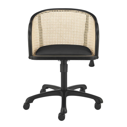 Beige and Black Solid Wood Steel And Cane Rattan Adjustable Swivel Rolling Office Chair HomeRoots
