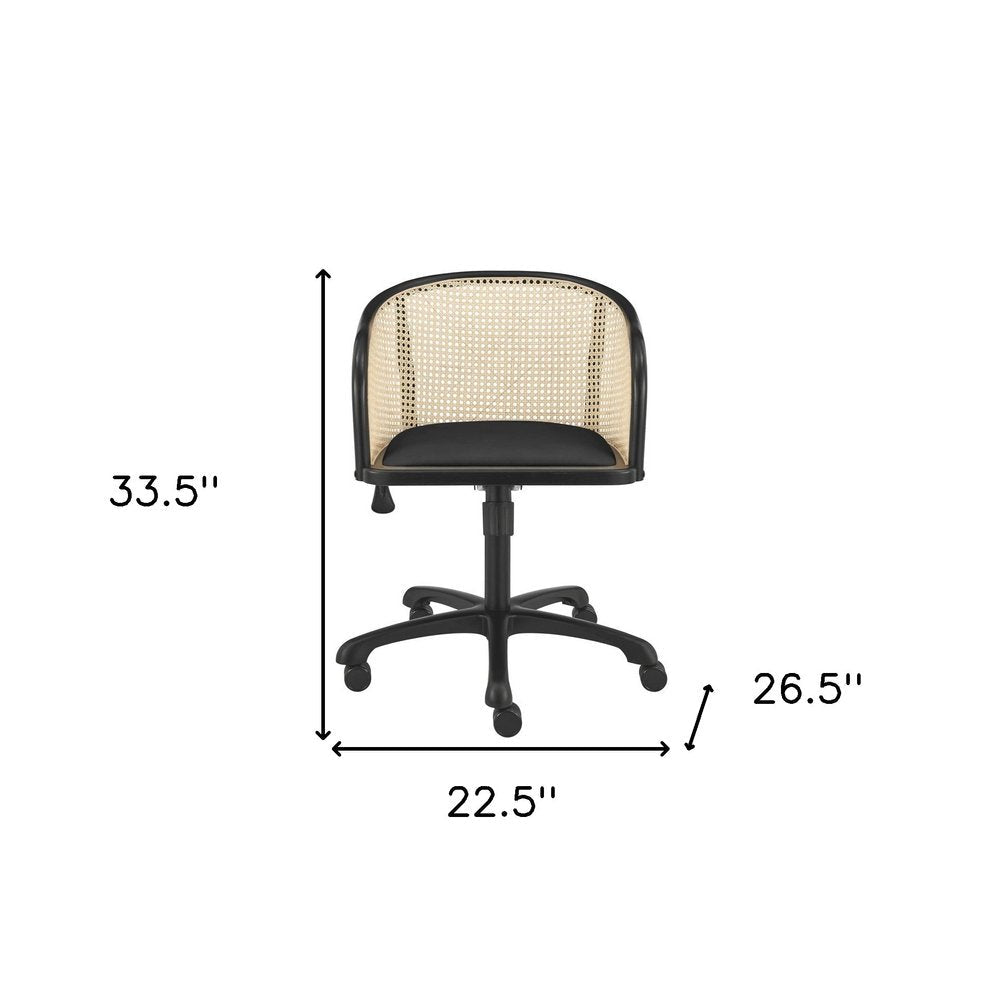 Beige and Black Solid Wood Steel And Cane Rattan Adjustable Swivel Rolling Office Chair HomeRoots